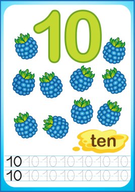 Anaokulu ve okulöncesi için yazdırılabilir çalışma. olgun meyveler ve meyve hasat. Biz saymak ve numaraları 1'den 10'a yazmak.
