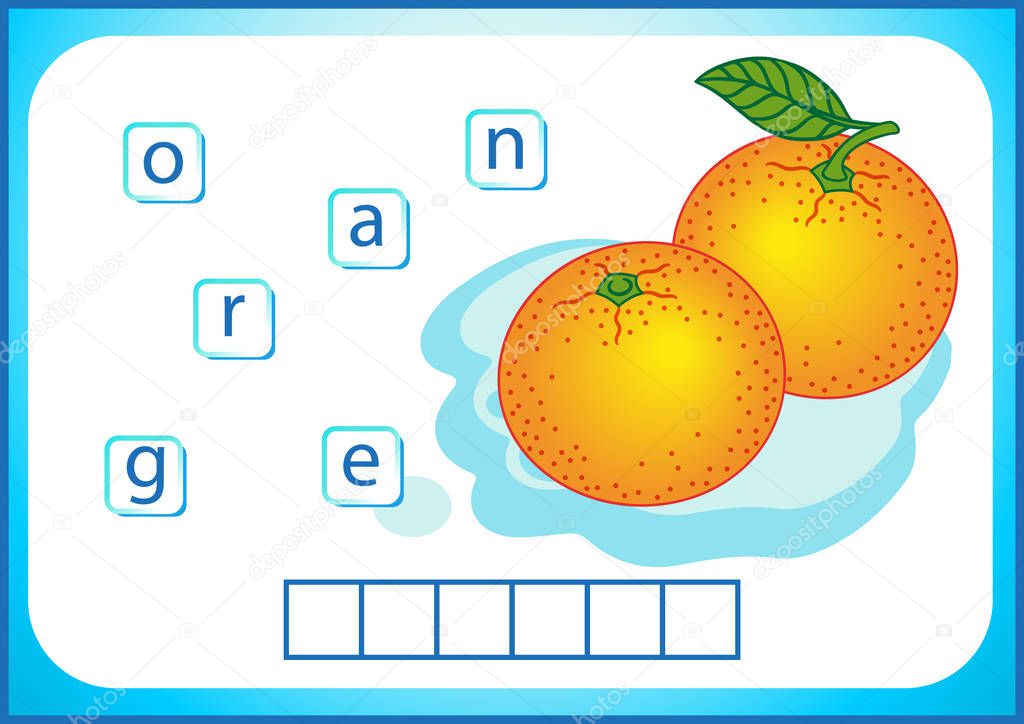 School education. English flashcard for learning English. We write the names of vegetables and fruits. Words is a puzzle game for children. Worksheet, put the letters in the cell.