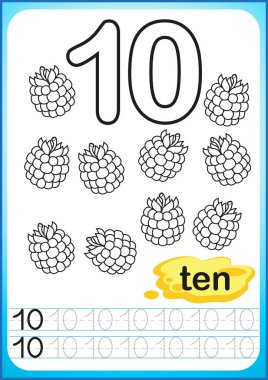 Anaokulu ve okulöncesi için yazdırılabilir çalışma. Sayıları yazmak için egzersizler. Basit zorluk seviyesi. Kesikli çizgi geri yüklemek ve renkli resmi. Parlak meyve hasat. Çocuk boyama kitabı. İzleme çocuklar için oyun. Numarası