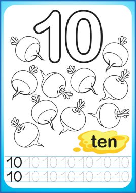 Anaokulu ve okulöncesi için yazdırılabilir çalışma. Sayıları yazmak için egzersizler. Basit zorluk seviyesi. Kesikli çizgi geri yüklemek ve renkli resmi. Parlak sebze hasat. Çocuk boyama kitabı. İzleme çocuklar için oyun. Number ten, REDISH