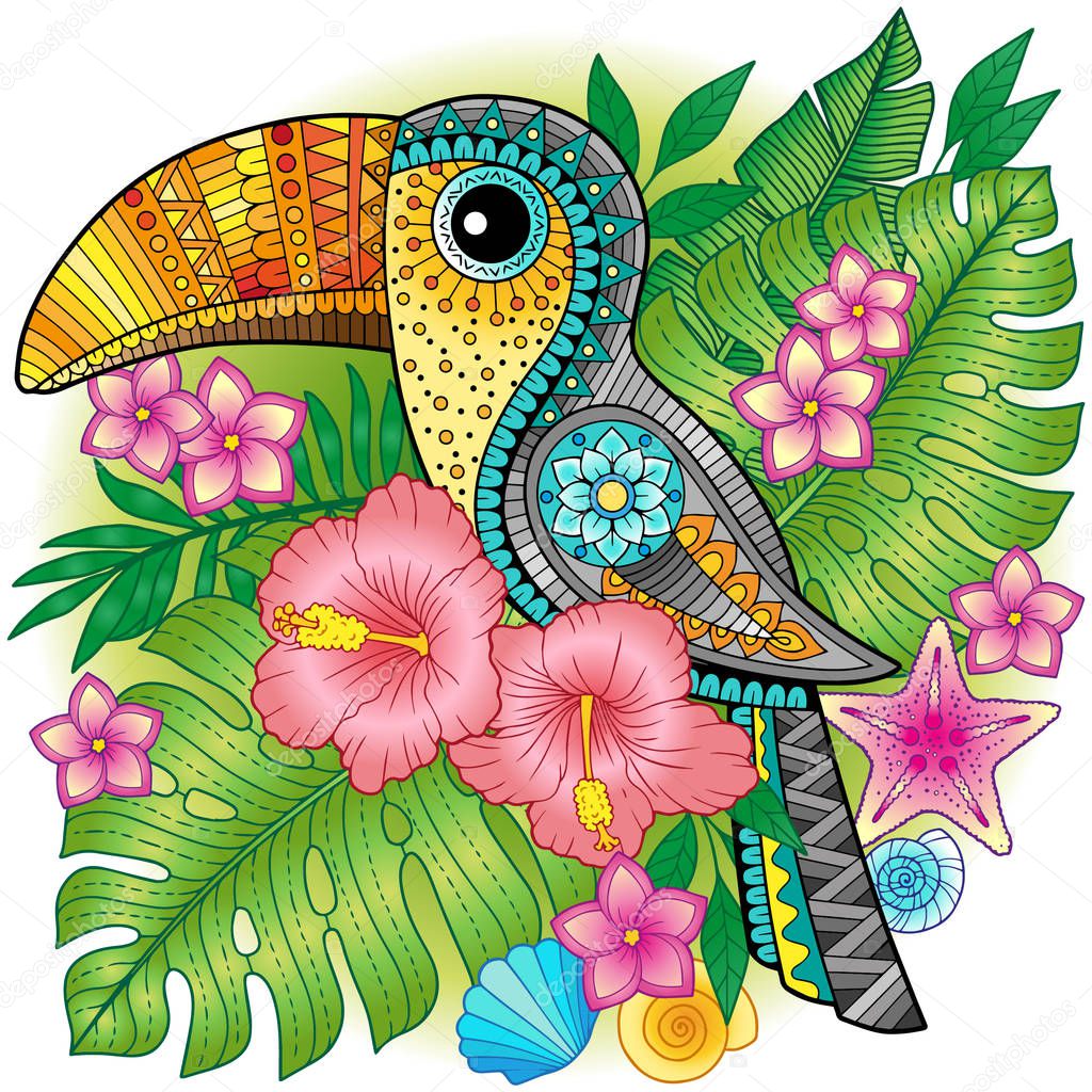 A bright decorative toucan among exotic plants and flowers. Vector image for print on clothes, textiles, posters, invitations
