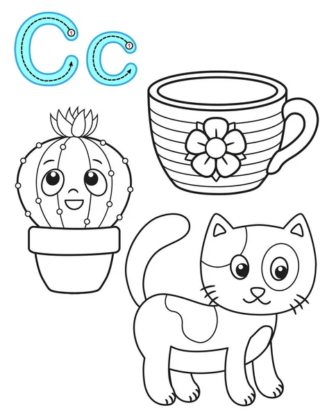 유치원과 유치원을 위한 인쇄 색칠 페이지. 영어 공부를 위한 카드. 벡터 책 알파벳을 색칠. 문자 c. 고양이, 컵, 선인장 — 스톡 벡터