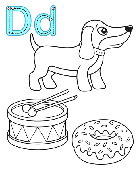 Afdrukbare kleurplaat voor kleuterschool en kleuterschool. Kaart voor studie Engels. Vector kleurboek alfabet. Letter D. hond, trommel, donut — Stockvector