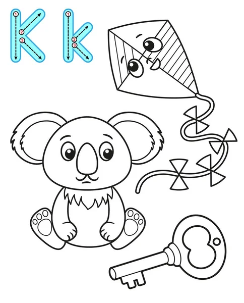 Página para colorear imprimible para jardín de infantes y preescolar. Tarjeta para estudiar inglés. Alfabeto del libro para colorear vector. Letra K. key, koala, cometa — Vector de stock