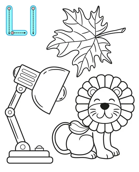 Página para colorear imprimible para jardín de infantes y preescolar. Tarjeta para estudiar inglés. Alfabeto del libro para colorear vector. Letra L. Hoja, lámpara, león — Vector de stock