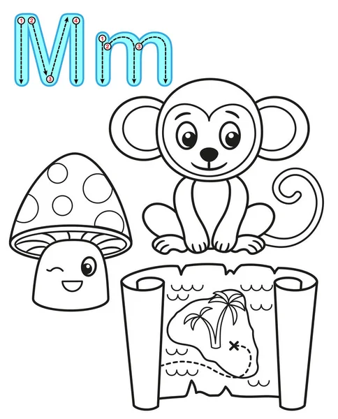 Printable coloring page for kindergarten and preschool. Card for study English. Vector coloring book alphabet. Letter M. Mushroom, map, monkey — Stock Vector