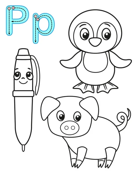 Página para colorear imprimible para jardín de infantes y preescolar. Tarjeta para estudiar inglés. Alfabeto del libro para colorear vector. Letra P. pluma, pingüino, cerdo — Vector de stock