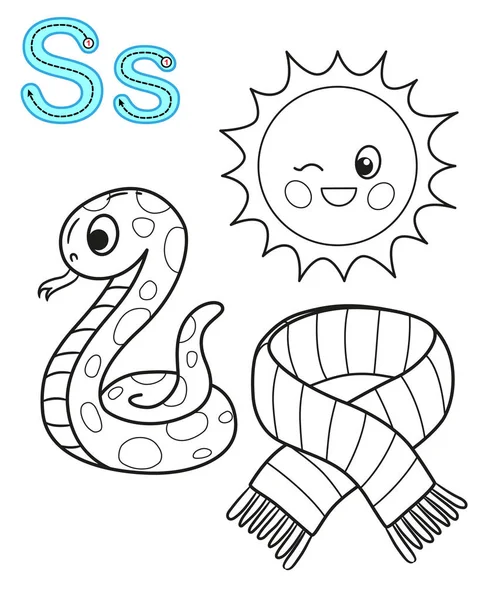 Printable coloring page for kindergarten and preschool. Card for study English. Vector coloring book alphabet. Letter S. scarf, snake, sun — Stock Vector