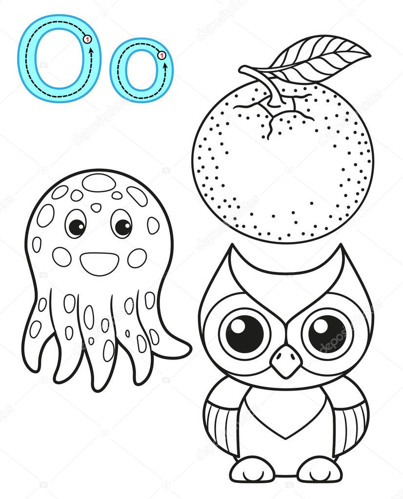 Printable coloring page for kindergarten and preschool. Card for study English. Vector coloring book alphabet. Letter O. orange, owl, octopus