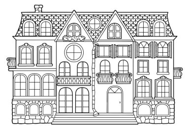 Yetişkinler için vektör siyah beyaz boyama kitabı. Ayrı daireler, balkonlar ve pencereler ve tavan arasında yer eden country tarzı çok katlı bina