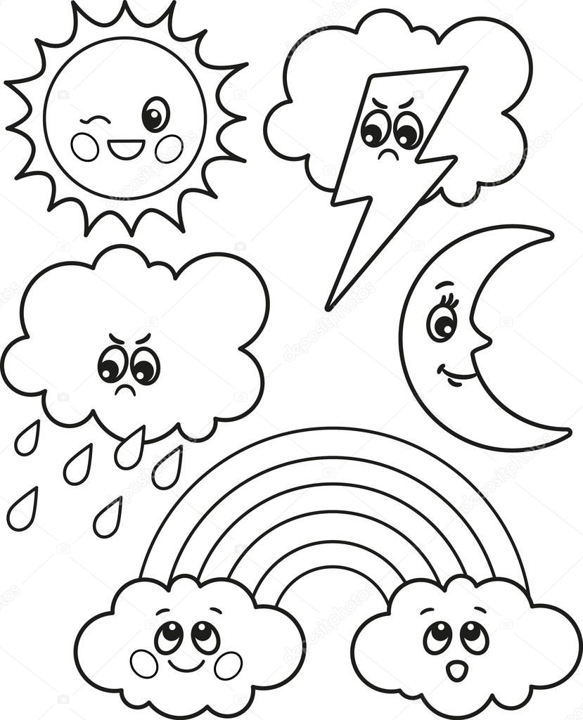 Sun, Rainbow, cloud, Thunder, moon. Cute set of cartoon weather icons, vector black and white icons, illustrations for children's coloring or creativity