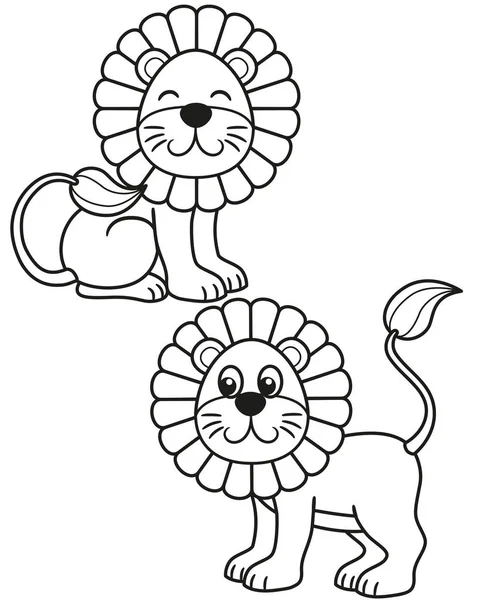 Conjunto Bonito Leão Dos Desenhos Animados Vetor Ilustrações Preto Branco — Vetor de Stock
