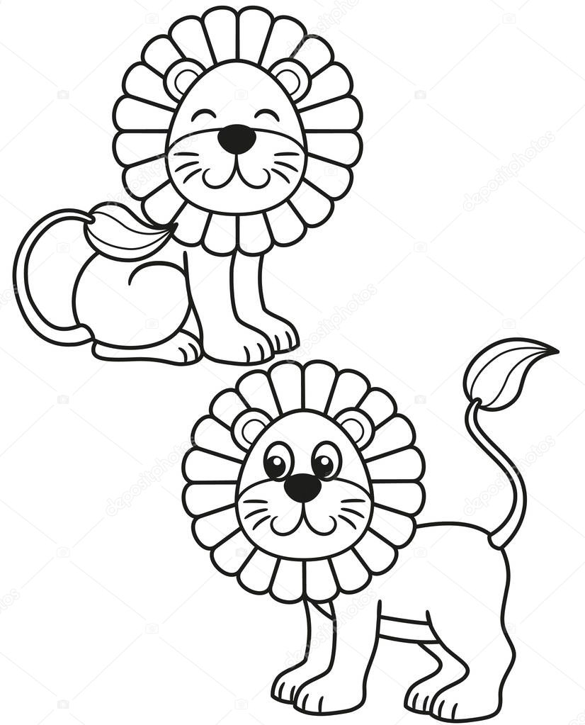 Cute set of cartoon lion, vector black and white illustrations for children's coloring or creativity