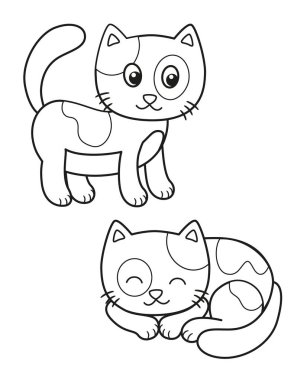Karikatür kedi sevimli seti, çocuk boyama veya yaratıcılık için vektör siyah beyaz çizimler