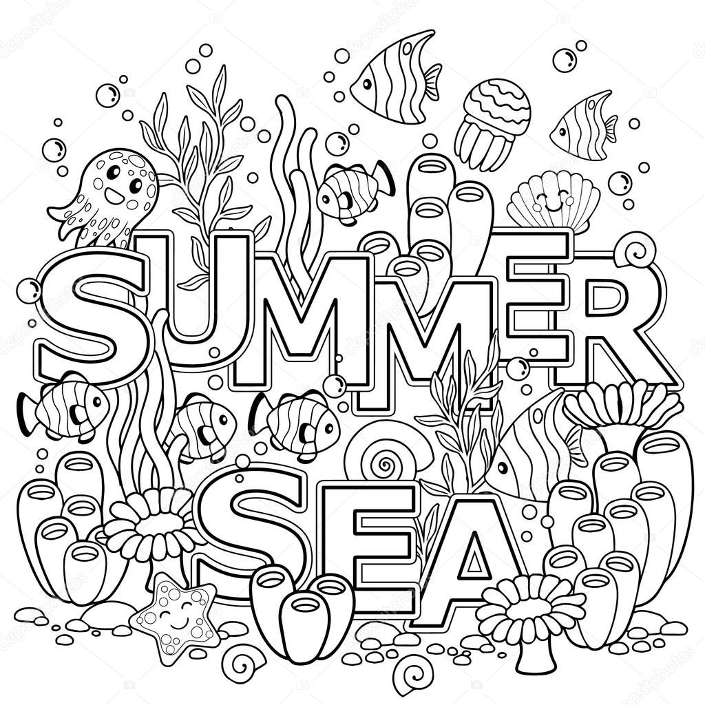 Hand drawn coloring book for adult. Summer holidays, party and rest. Coloring book for adults for meditation and relax. Summer sea. Tropical fish, nemo fish, jellyfish, corals and seashells.
