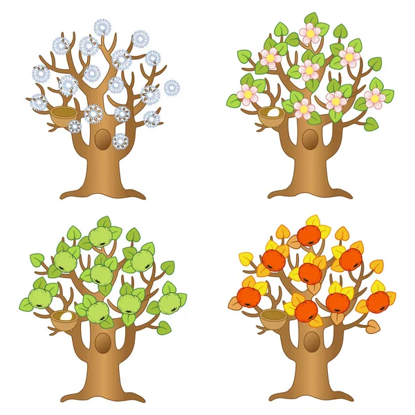 Vector Cartoon Apple Tree Different Seasons Autumn Winter Summer Spring — Stock Vector