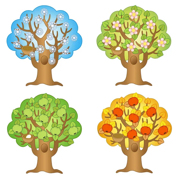 Farklı Mevsimvektör Karikatür Elma Ağacı Sonbahar Kış Yaz Ilkbahar — Stok Vektör