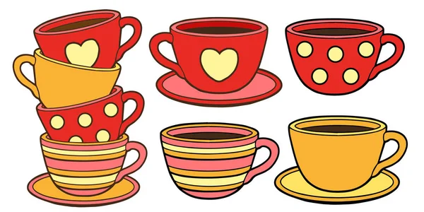 Set Vector Sweet Cups Coffee Tea Illustration Valentine Day Design — Stock Vector