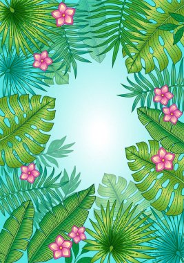 Muz ve palmiye ağaçlarının yaprakları ile Tropikal bitki arka plan. Vektör İzole Katmanlar. Davetiyeler, posterler, arka planlar için yaz egzotik tasarım