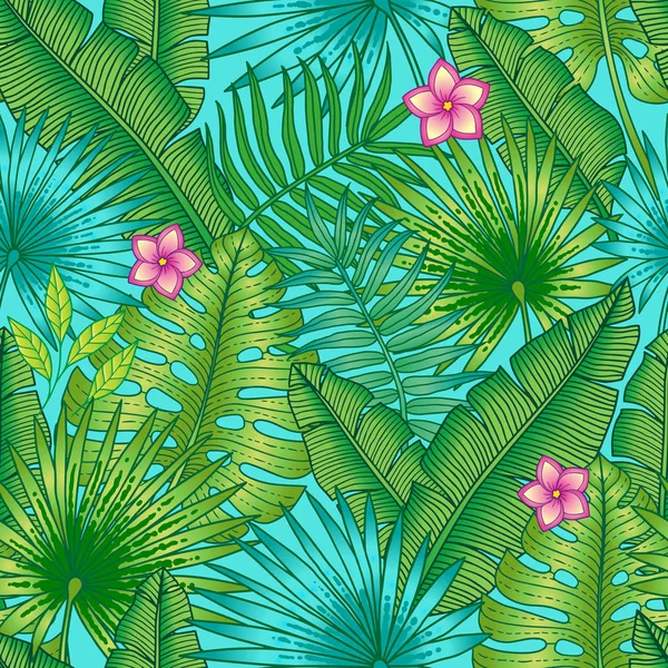 シームレスな夏のパターン 熱帯植物 バナナとヤシの葉の形で異なる織り 緑の異なる色合い — ストックベクタ