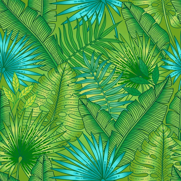 无缝的夏季模式 热带植物 以香蕉和棕榈叶的形式交织在一起 不同色调的绿色 — 图库矢量图片