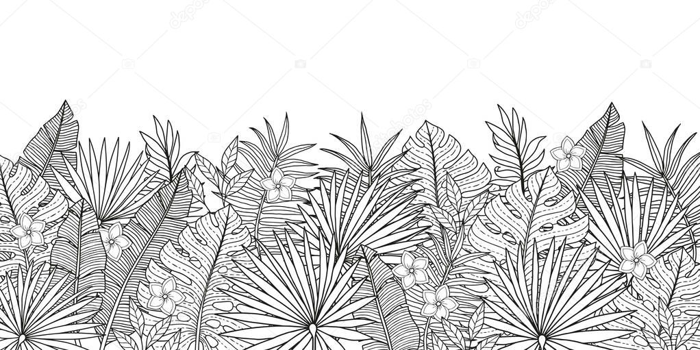 Coloring pages for adult. Tropical background with jungles plants leaves of bananas and palm trees. Vector horizontal vignette. Summer exotic design for invitations, posters, backgrounds