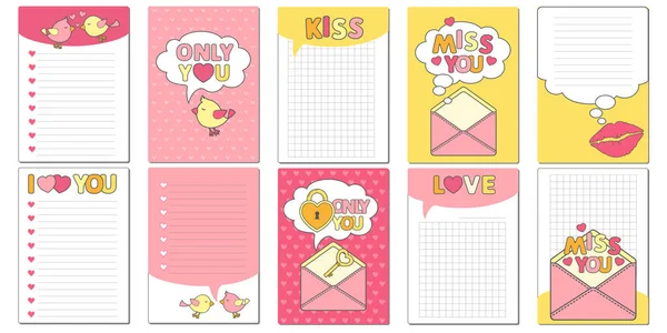 Jeu Cartes Postales Histoire Amour Coeurs Vectoriels Valentines Baisers Oiseaux — Image vectorielle