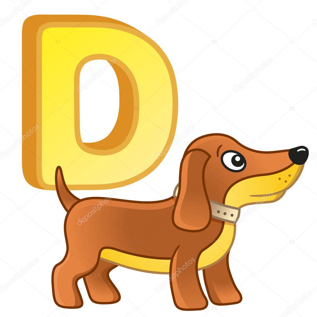 Vector bright illustrations alphabet with capital letters of the English and cute cartoon animals and things. Poster for kindergarten and preschool. Cards for learning English. Letter D. Dog