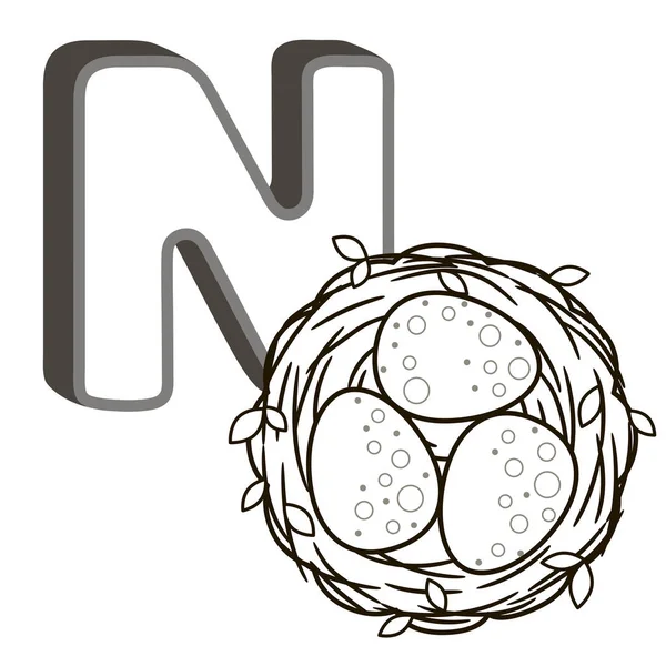 İngilizce ve sevimli karikatür hayvanlar ve şeyler büyük harflerle vektör boyama kitap alfabesi. Anaokulu ve anaokulu için boyama sayfası. İngilizce öğrenmek için kartlar. N. Harfi Yuvası