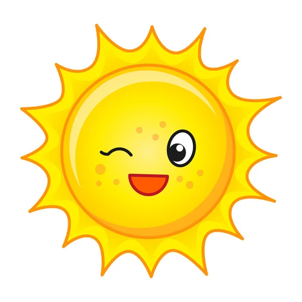 Niedlichen Leuchtend Gelben Sonne Mit Einem Fröhlichen Lächeln Und Sommersprossen — Stockvektor