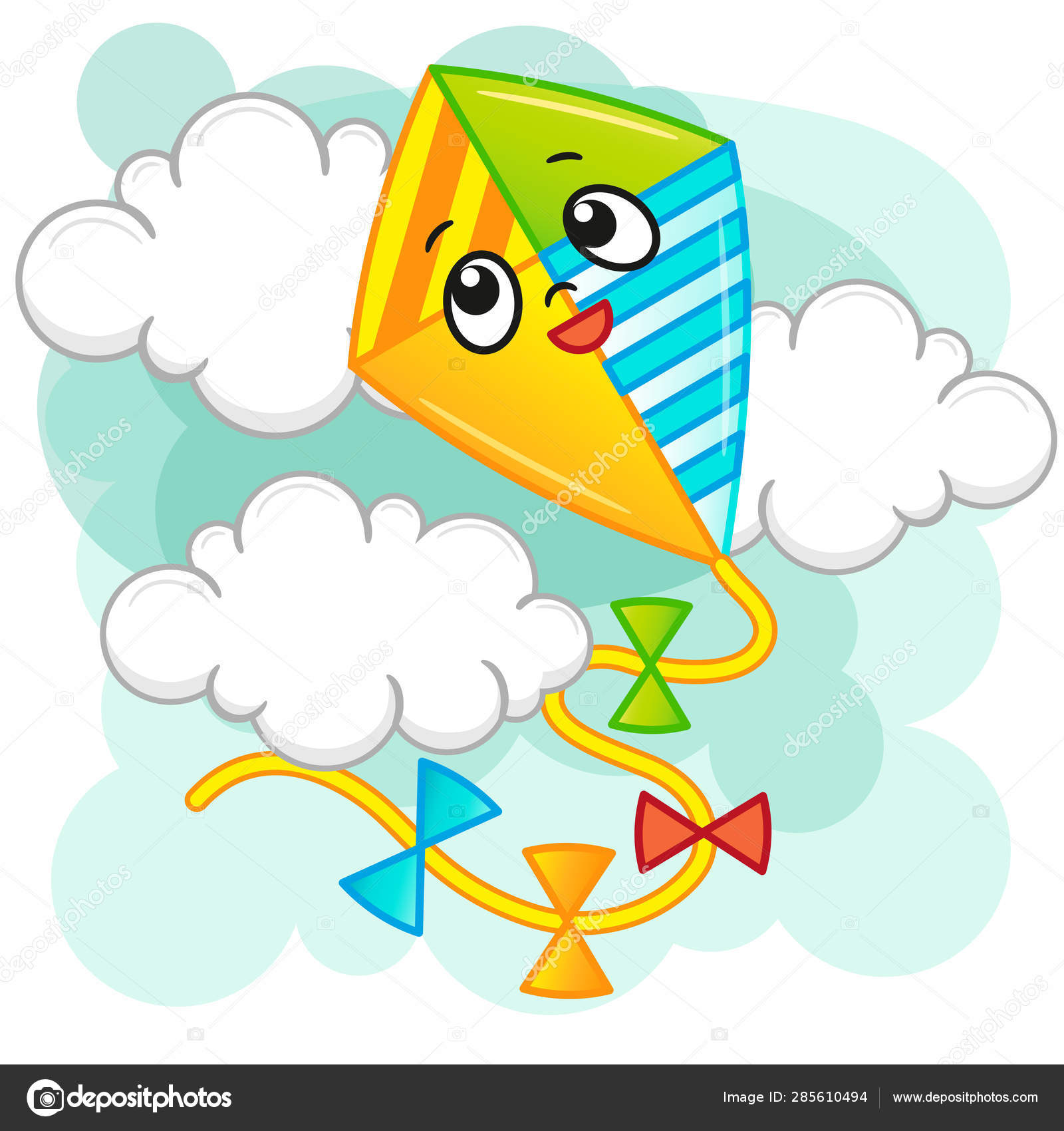 Cute Kite Flies Sky Clouds Joyful Smile Vector Cartoon Illustration Stock Vector Image by