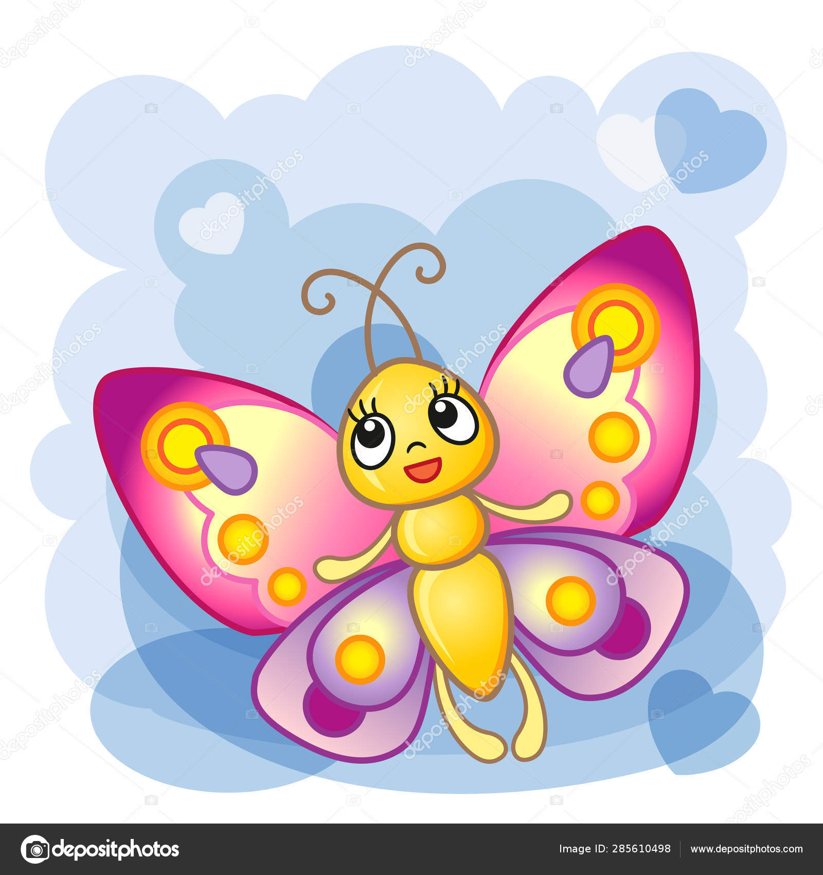 一只可爱的微笑的蝴蝶有粉红色和紫色的大翅膀一个可爱的昆虫的矢量卡通插图用于儿童面料书籍的设计图库矢量图©natasha-tpr 285610498, image size:1600x1700
