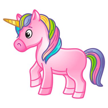 Gökkuşağı yele ile sevimli pembe tek boynuzlu at. Bir fantezi hayvan Vektör karikatürize illüstrasyon. Çocuk kumaş, duvar kağıdı, kitap tasarımı için