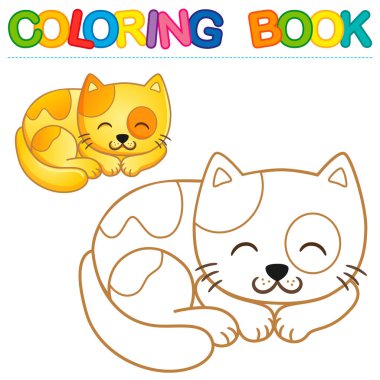 Çocuklar için vektör boyama kitabı. Okul öncesi çocuklar için renkli bir anahat ile basit bir düzey. Neşeli karikatür uyuyan benekli kedi yavrusu, evcil hayvan kıvrılmış ve dinlenme
