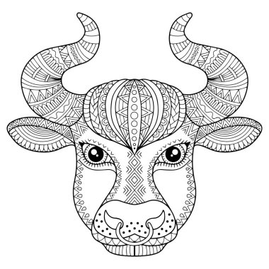 Yetişkinler için vektör boyama kitabı. Beyaz arka planda izole edilmiş boğa silueti. Zodiac burcu Taurus. Bir hayvan izi..