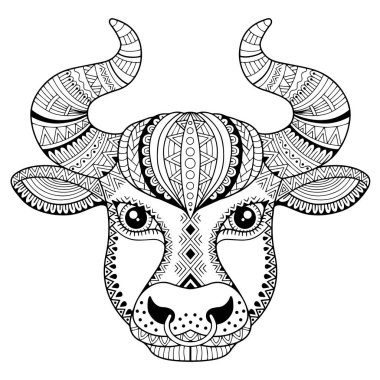 Yetişkinler için vektör boyama kitabı. Beyaz arka planda izole edilmiş boğa silueti. Zodiac burcu Taurus. Bir hayvan izi..