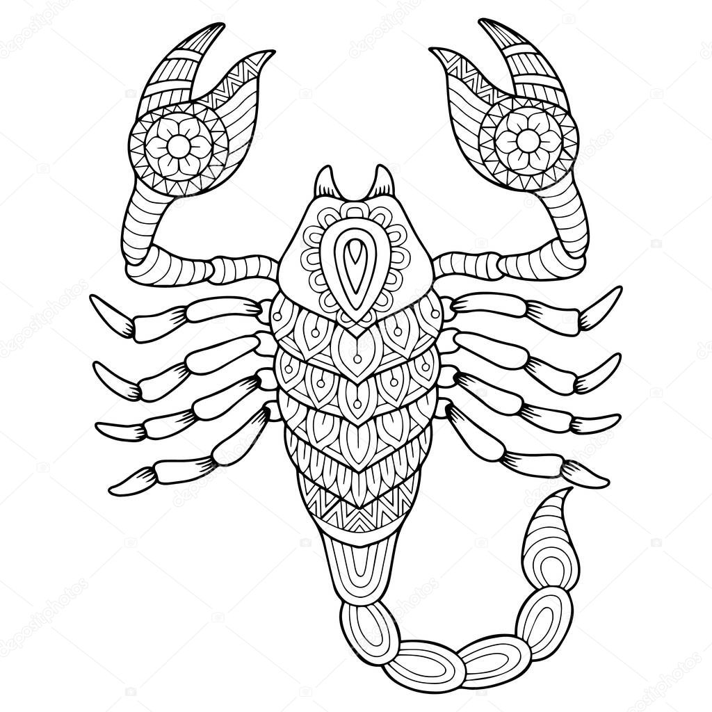 Vector coloringbook for adult. Silhouette of scorpion isolated on white background. Zodiac sign scorpio.