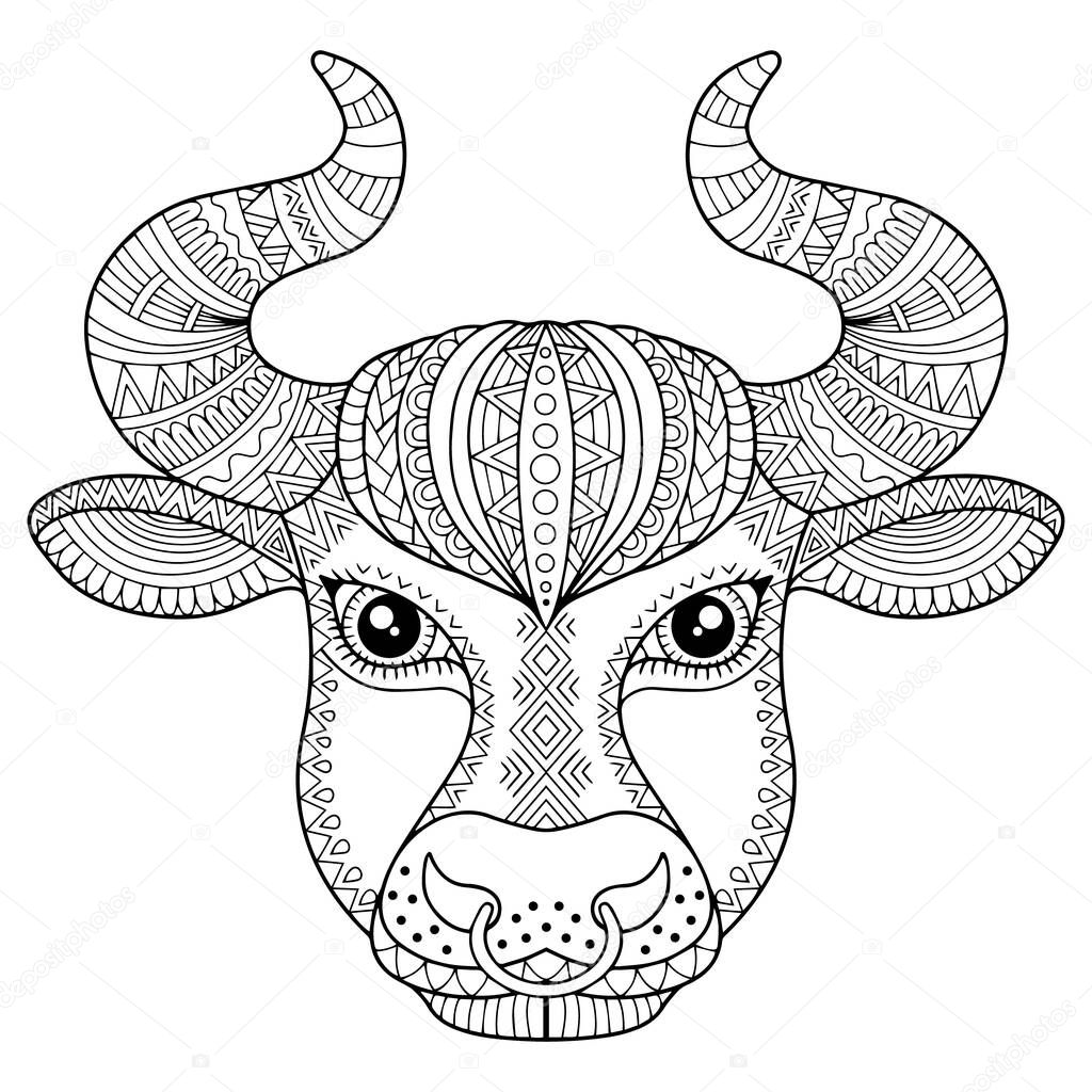 Vector coloring book for adult. Silhouette of bull isolated on white background. Zodiac sign Taurus. Aanimal print.