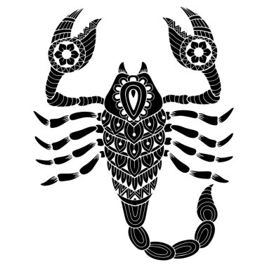 Dövme stili. Beyaz arka planda izole edilmiş akrebin vektör silueti. Burç burcu akrep burcu.