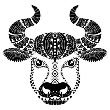 Dövme stili. Beyaz arka planda izole edilmiş boğa silueti. Burç işareti Taurus.