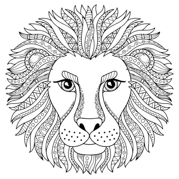 Coloring book for adult. Silhouette of lion isolated on white background. Zodiac sign leo. Abstract background animal prinnt.