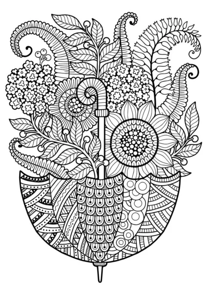 Черно Белая Раскраска Взрослых Открытый Зонтик Декоративными Цветами Листьями — стоковый вектор