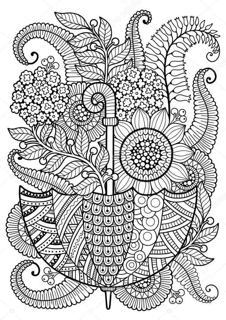 Black and white coloring book for adults. Openwork umbrella with decorative flowers and leaves