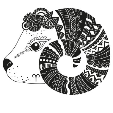 Dövme stili. Beyaz arka planda izole edilmiş koyun silueti. Zodiac günlükleri.