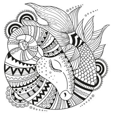 Yetişkinler için vektör boyama kitabı. Oğlak burcunun silueti beyaz arka planda izole edilmiş. Zodiac oğlak burcu.