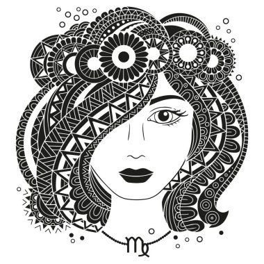 Dövme stili. Beyaz arka planda izole edilmiş güzel bir kadın. Zodiac Başak