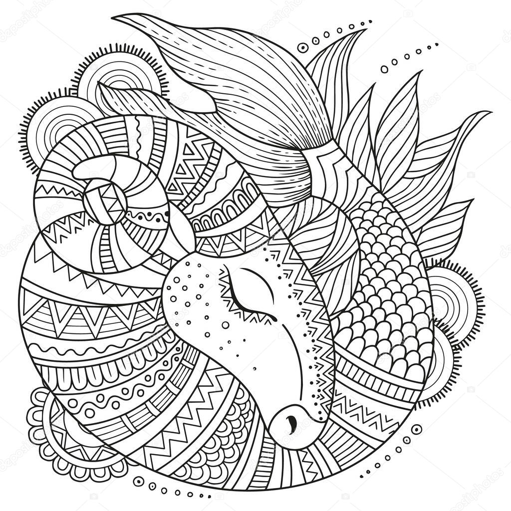 Vector coloring book for adults. Silhouette of capricorn isolated on white background. Zodiac capricorn.