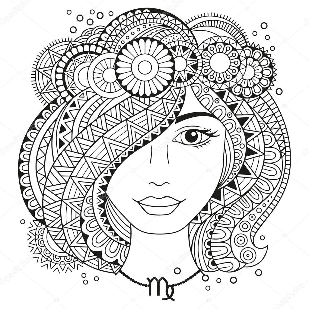 Vector coloring book for adults. Silhouette of woman isolated on white background. Zodiac virgo.