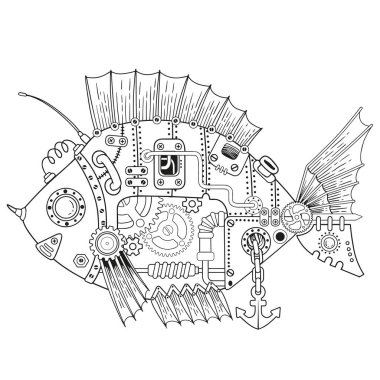Steampunk boyama sayfası. Rahatlamak ve ilaç almak için yetişkinler için vektör boyama kitabı. Kurgusal bir mekanik sineğin sanat tasarımı