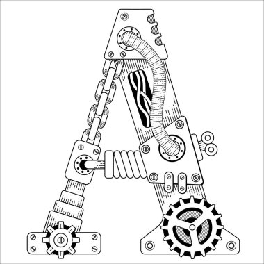 Yetişkinler için Steampunk boyama kitabı. Metal dişlilerden yapılmış mekanik harf alfabesi ve beyaz arka planda çeşitli detaylar. Büyük harf A